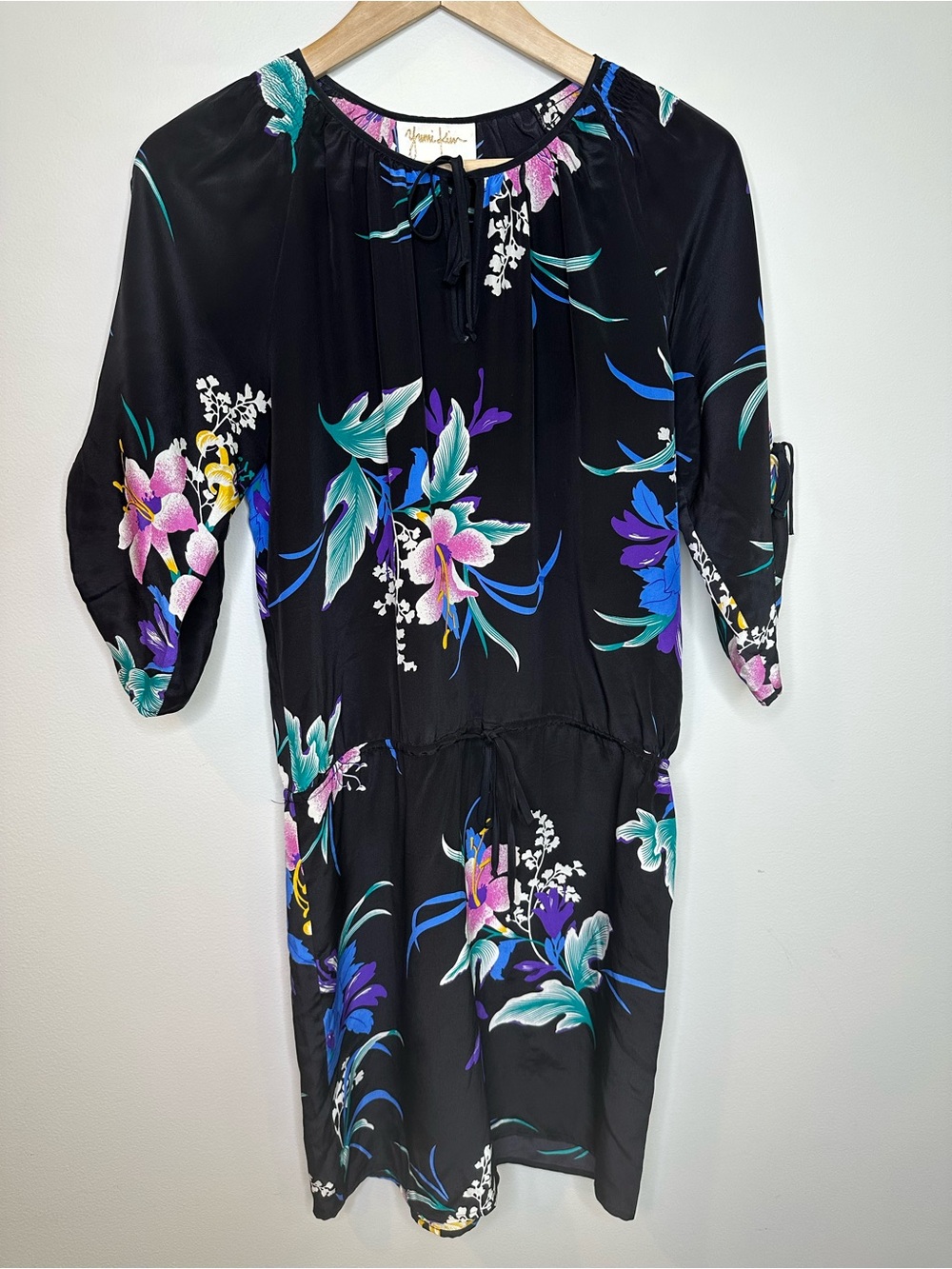 Yumi Kim Black Silk Floral Blouson Dress Small EUC